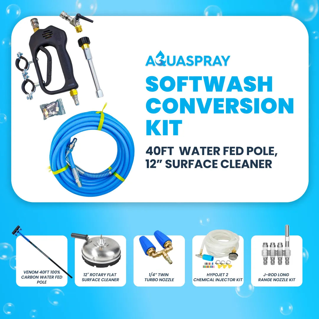 Softwash cleaning kit featuring a 12-inch surface cleaner conversion kit with a Venom 40ft carbon water-fed pole, Hypojet 2 chemical injector kit, J-Rod long-range nozzle kit, and a twin turbo nozzle.