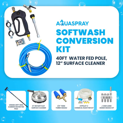 Softwash cleaning kit featuring a 12-inch surface cleaner conversion kit with a Venom 40ft carbon water-fed pole, Hypojet 2 chemical injector kit, J-Rod long-range nozzle kit, and a twin turbo nozzle.