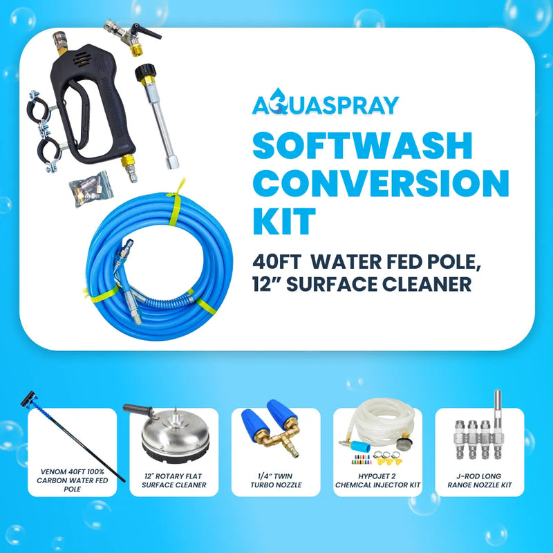 Softwash cleaning kit featuring a 12-inch surface cleaner conversion kit with a Venom 40ft carbon water-fed pole, Hypojet 2 chemical injector kit, J-Rod long-range nozzle kit, and a twin turbo nozzle.