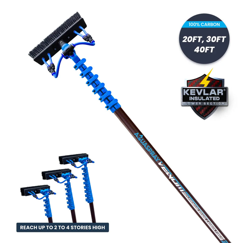 AquaSpray Venom Kevlar-Reinforced Premium Carbon Water Fed Pole for High-Reach  Window and Solar Panel Cleaning (20/30/40ft) – 24T 100% Premium Carbon Fiber