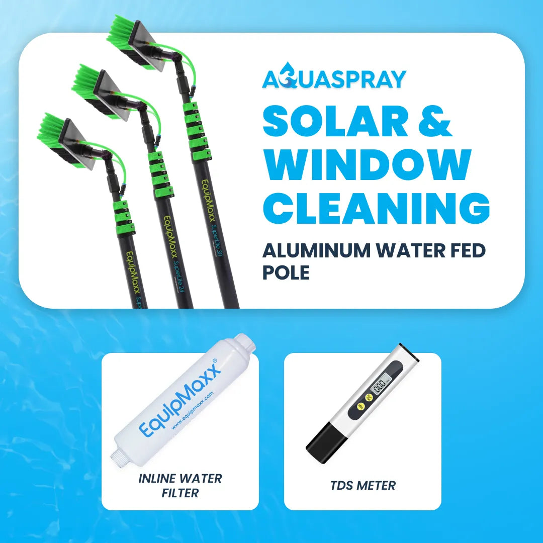Three sizes option of EquipMaxx aluminum water fed pole with inline water filter and tds meter displayed side-by-side.