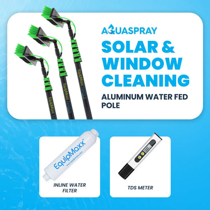 Three sizes option of EquipMaxx aluminum water fed pole with inline water filter and tds meter displayed side-by-side.