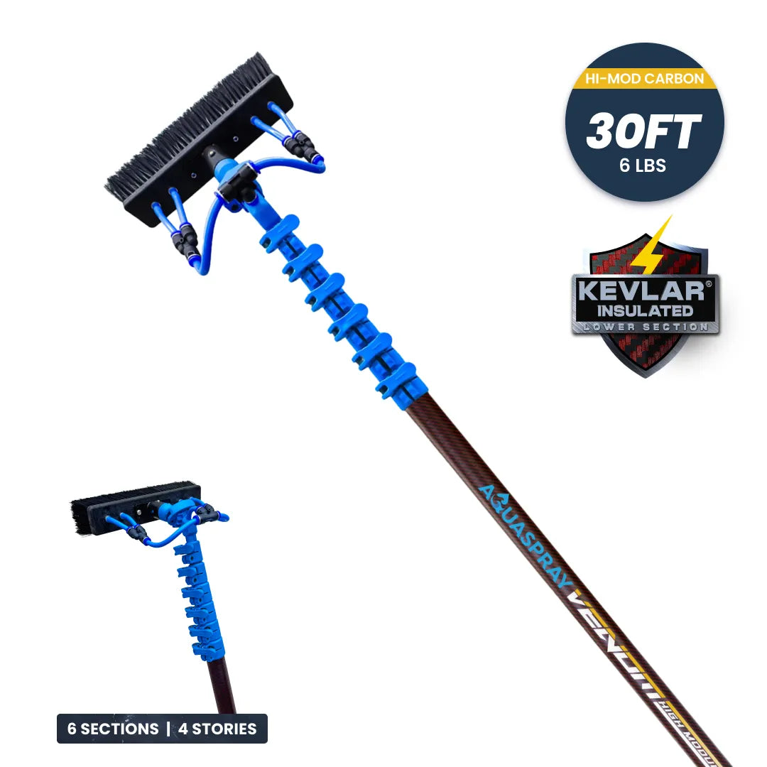 Gallery image 2 for AquaSpray Venom Kevlar-Reinforced High-Mod Carbon Water Fed Pole for High-Reach  Window and Solar Panel Cleaning (30/40/50ft) – 30T High-Modulus Carbon Fiber