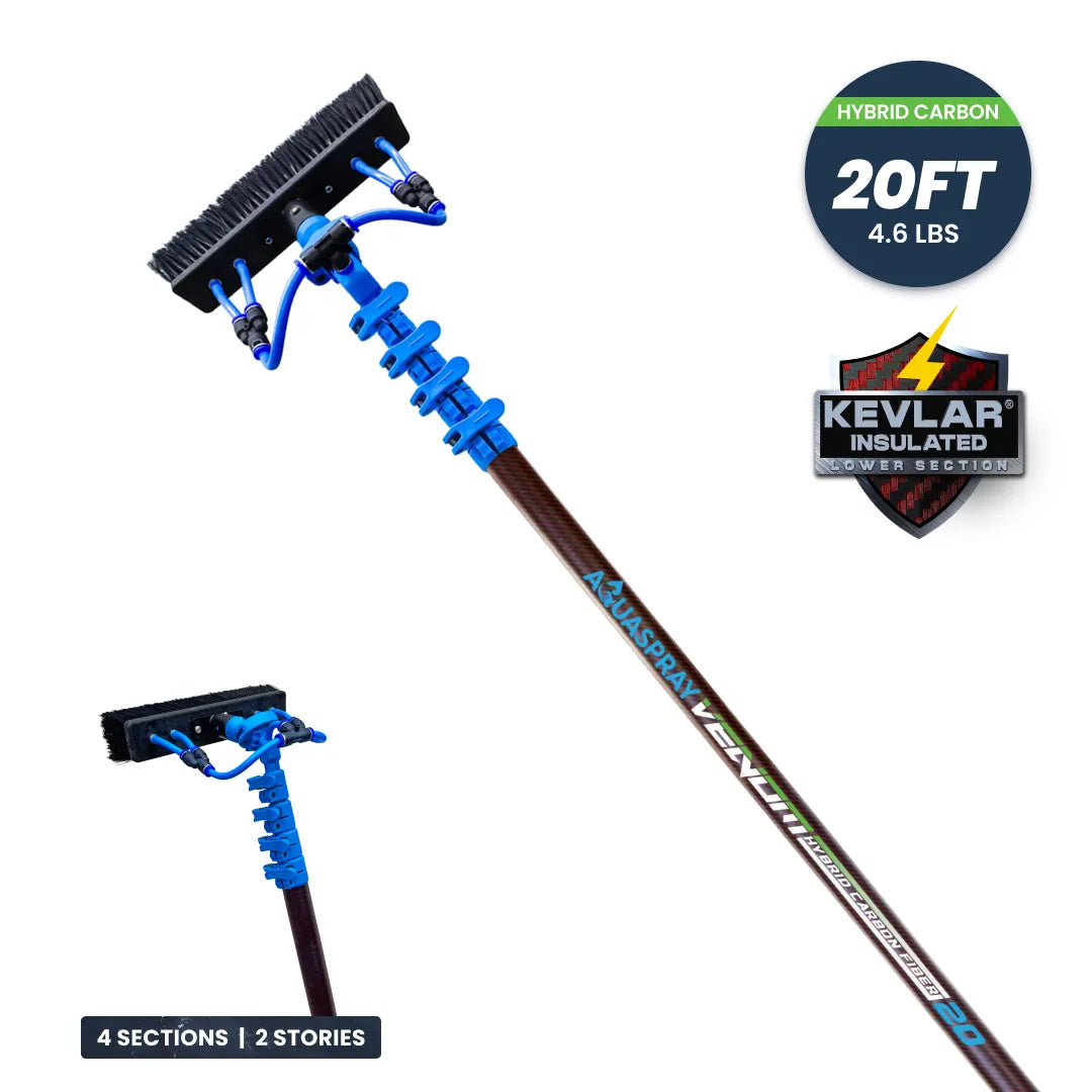 Gallery image 2 for AquaSpray Venom Kevlar-Reinforced Hybrid Carbon Water Fed Pole for High-Reach  Window and Solar Panel Cleaning (20/30/40ft) – 50% Carbon &amp; 50% Fiberglass