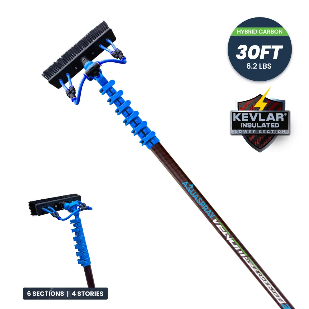 Gallery image 3 for AquaSpray Venom Kevlar-Reinforced Hybrid Carbon Water Fed Pole for High-Reach  Window and Solar Panel Cleaning (20/30/40ft) – 50% Carbon &amp; 50% Fiberglass