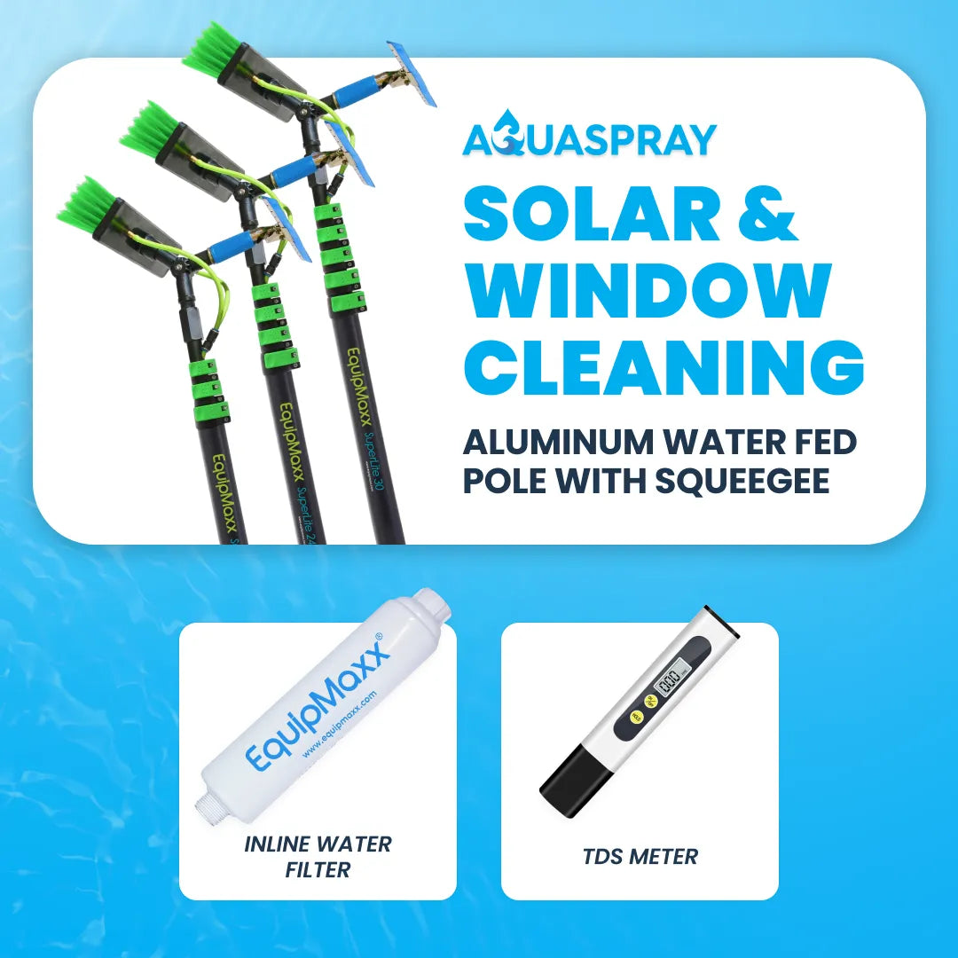 Three sizes option of aluminum water fed pole squeegee with inline water filter and tds meter displayed side-by-side.