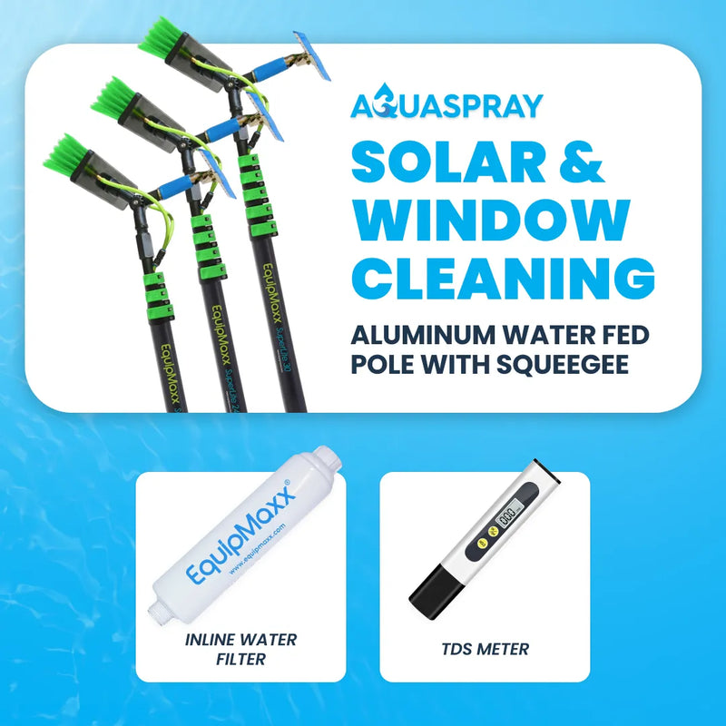 Three sizes option of aluminum water fed pole squeegee with inline water filter and tds meter displayed side-by-side.