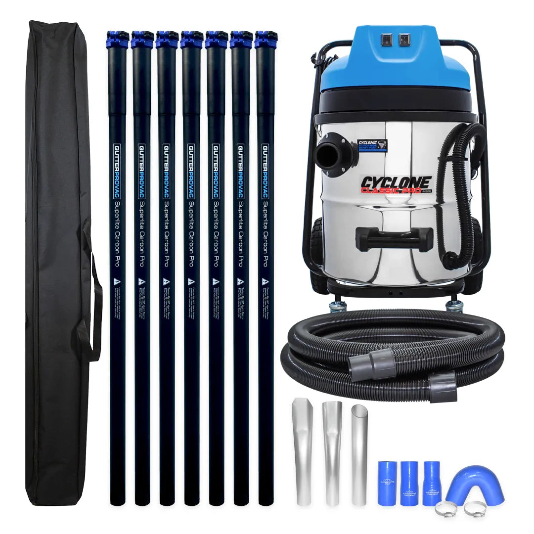 Cyclone Classic Pro 16 Gallon 2400W Residential Gutter Cleaning Vacuum System with 28ft Carbon Clamping Poles and Pole Bag
