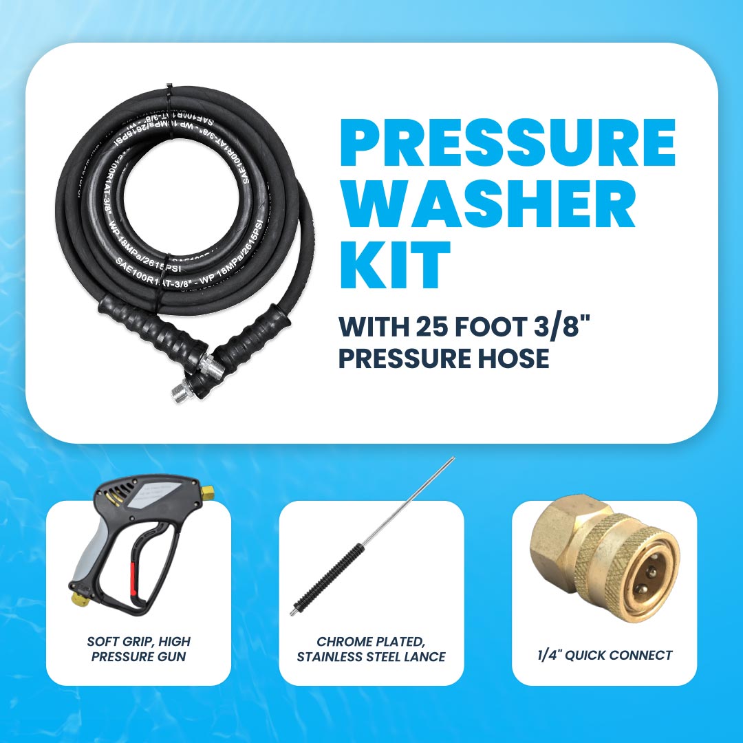 Gallery image 1 for Pressure Washer Kit with 25 Foot Hose, Soft Grip Pressure Gun, Quick Connector, and Stainless Steel Lance Kit