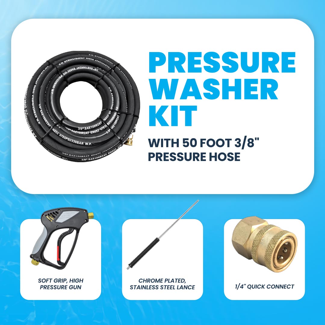 Gallery image 1 for Pressure Washer Kit with 50 Foot Hose, Soft Grip Pressure Gun, Quick Connector, and Stainless Steel Lance Kit