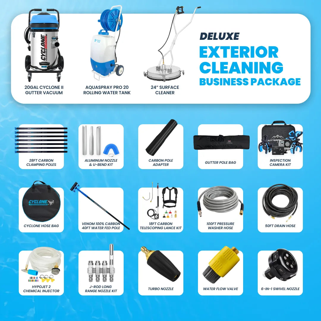 Deluxe Exterior Cleaning Business Package with Cyclone II gutter vacuum, AquaSpray water tank, surface cleaner, poles, hoses and nozzles