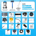 Elite exterior cleaning business package showing gutter vacuum, water fed pole, surface cleaner, hose reel, trigger gun, nozzles, and hoses