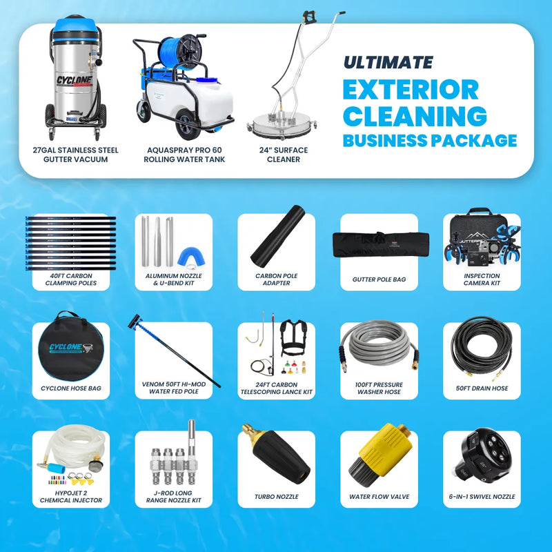 Ultimate Exterior Cleaning Business Package with 27gal Cyclone gutter vacuum, AquaSpray Pro 60 tank, surface cleaner, poles and hoses