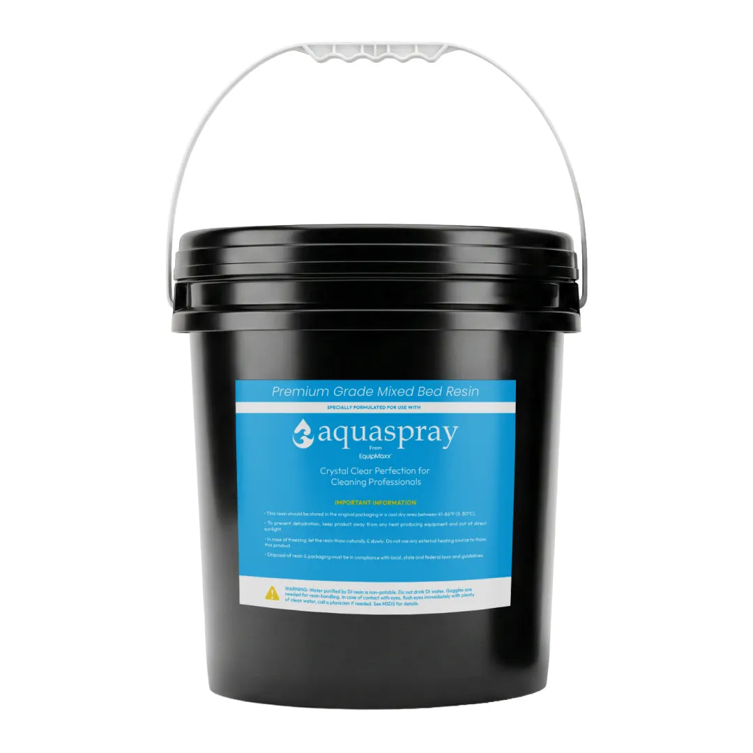 10l black bucket of Aquaspray mixed bed resin with informational label and white handle.