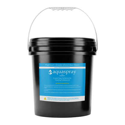 10l black bucket of Aquaspray mixed bed resin with informational label and white handle.