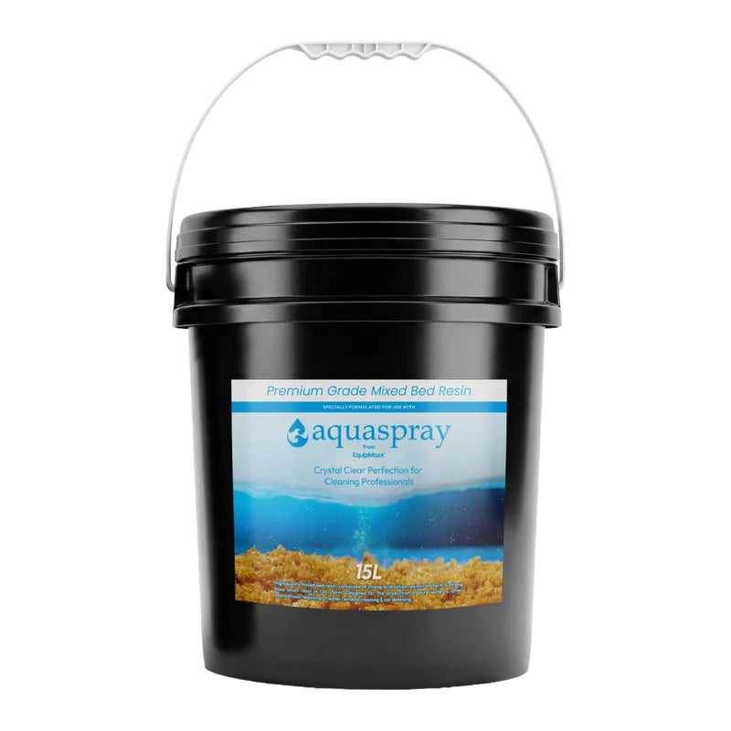 Front view of a 15-liter black bucket of mixed bed resin with an Aquaspray label showing water and golden resin beads.