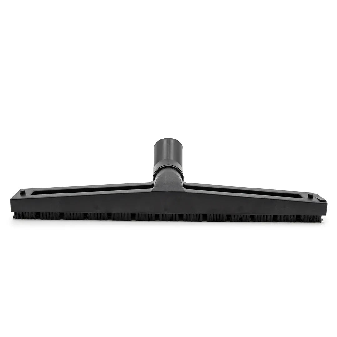 Front view of a black maxx pro vac accessory floor brush showing its bottom bristles and center attachment port.