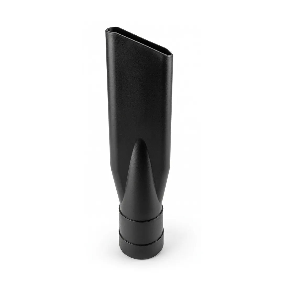 Upright angled view of a black maxx pro vac accessory crevice tool showing its narrow opening.