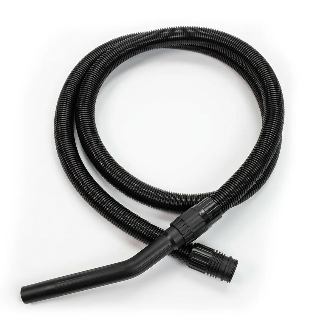 Top-down view of a coiled black maxx pro vac accessory hose with a curved handle and connector.
