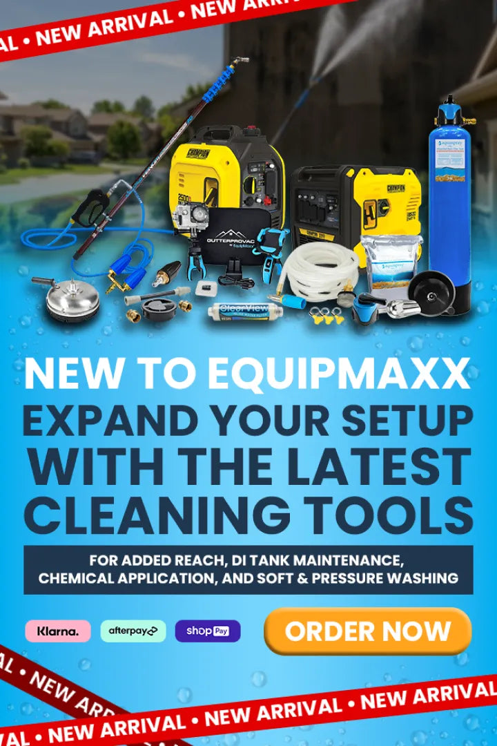 Promotional banner showing generators, pressure washers, resin filter, and surface cleaner with New to EquipMaxx text and order button