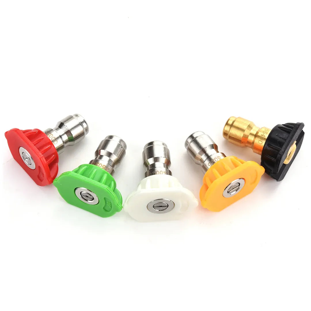 Pro-Grade 5 piece 1/4-inch quick-connect pressure washer nozzle kit, red, green, white, yellow and black spray tips fanned in an arc