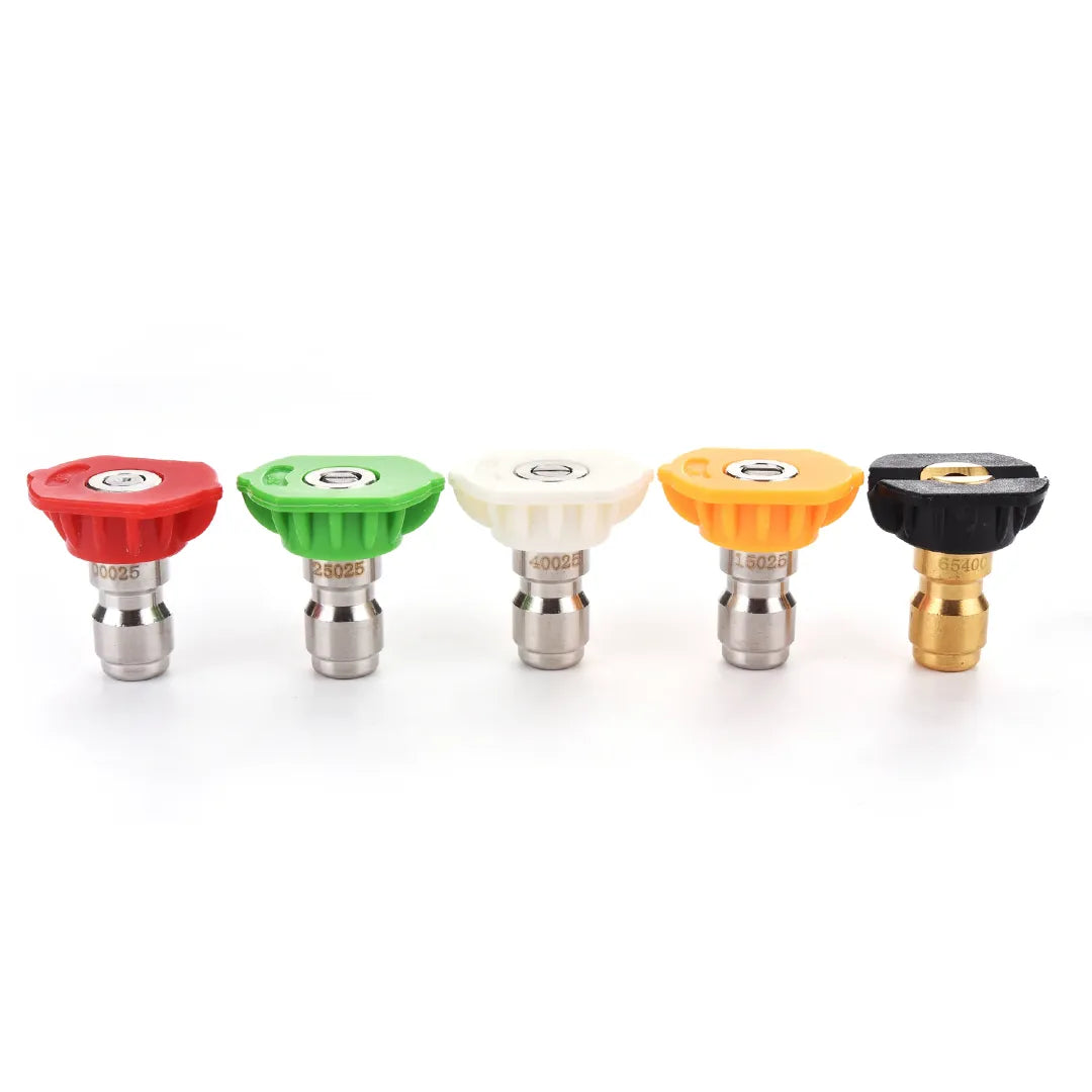 Pro-Grade 5 piece 1/4-inch quick-connect pressure washer nozzle kit, five colored spray tips in a row with orifice sizes printed