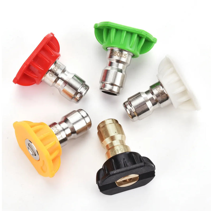 Pro-Grade 5 piece 1/4-inch quick-connect pressure washer nozzle kit, five colored spray tips grouped with their steel and brass plugs