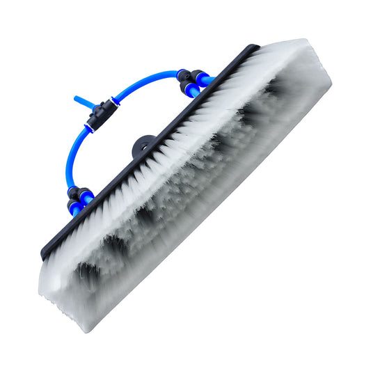Angled close-up of DuPont nylon brush head with multiple spray jets and dense bristles for AquaSpray Venom pole.