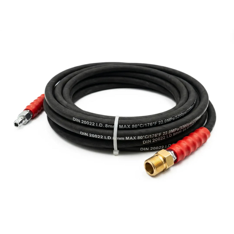 30 ft pressure washer hose, 5/16" ID, 3200 PSI — coiled, showing 3/8" quick-connect plug and 3/8" male threaded coupling