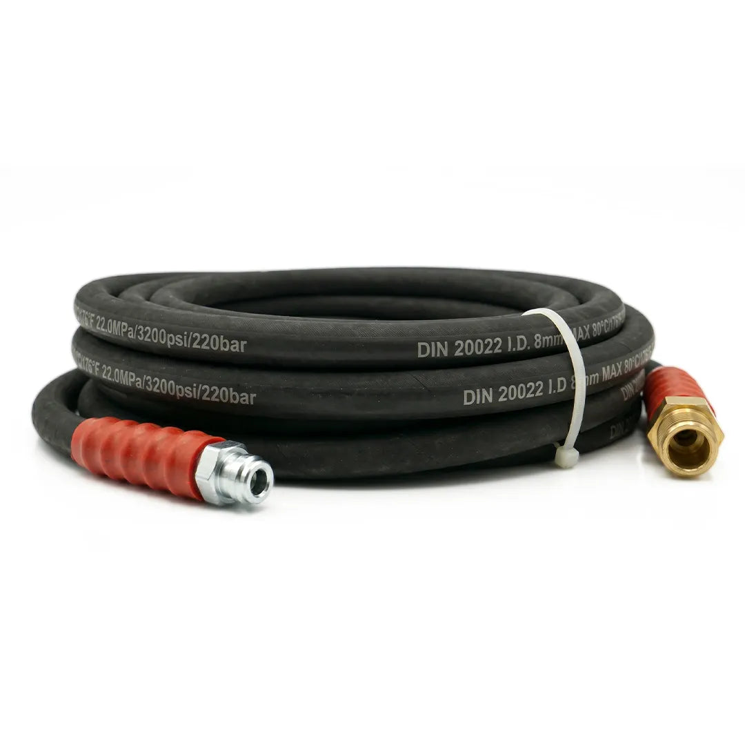 Close-up of 3/8" quick-connect plug on 30 ft pressure washer hose with red bend-relief grip
