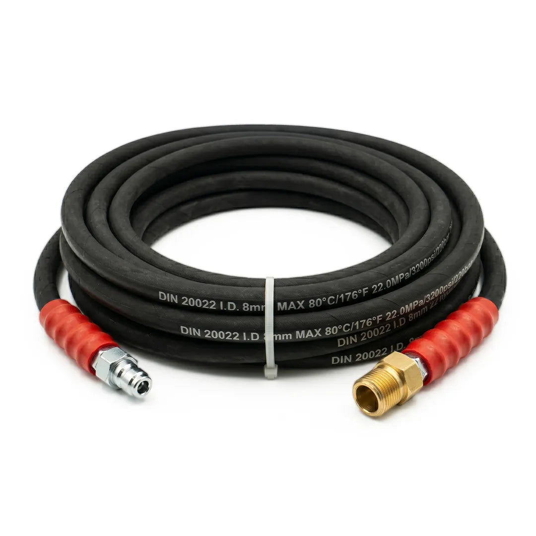 30 ft single-braided pressure washer hose, 3200 PSI, showing both fittings — quick-connect plug and threaded male coupling