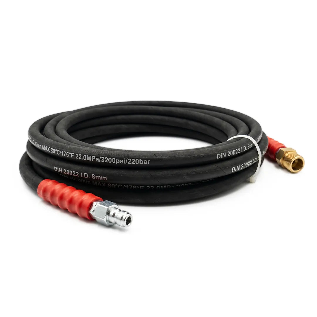 30 ft replacement pressure washer hose with 3/8" QC plug at gun end and 3/8" male threaded coupling at pump end