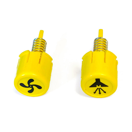 Close-up view of the yellow water pump and vacuum replacement buttons for Aqua Pro Vac with integrated spring mechanisms.