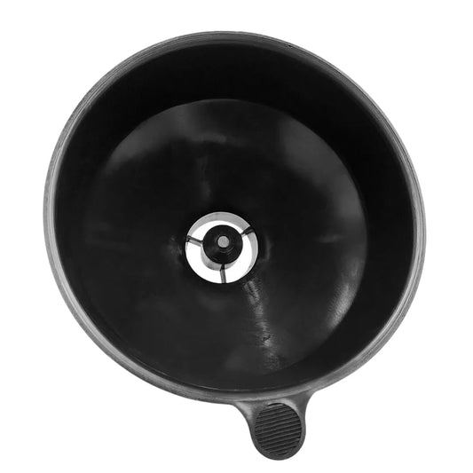 Top-down view inside a black Mixed Bed Resin Funnel showing the center opening and side tab.