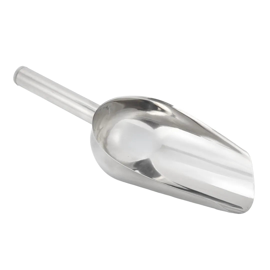 
Inside view of a stainless steel resin scoop showing the deep, wide-mouth bowl.