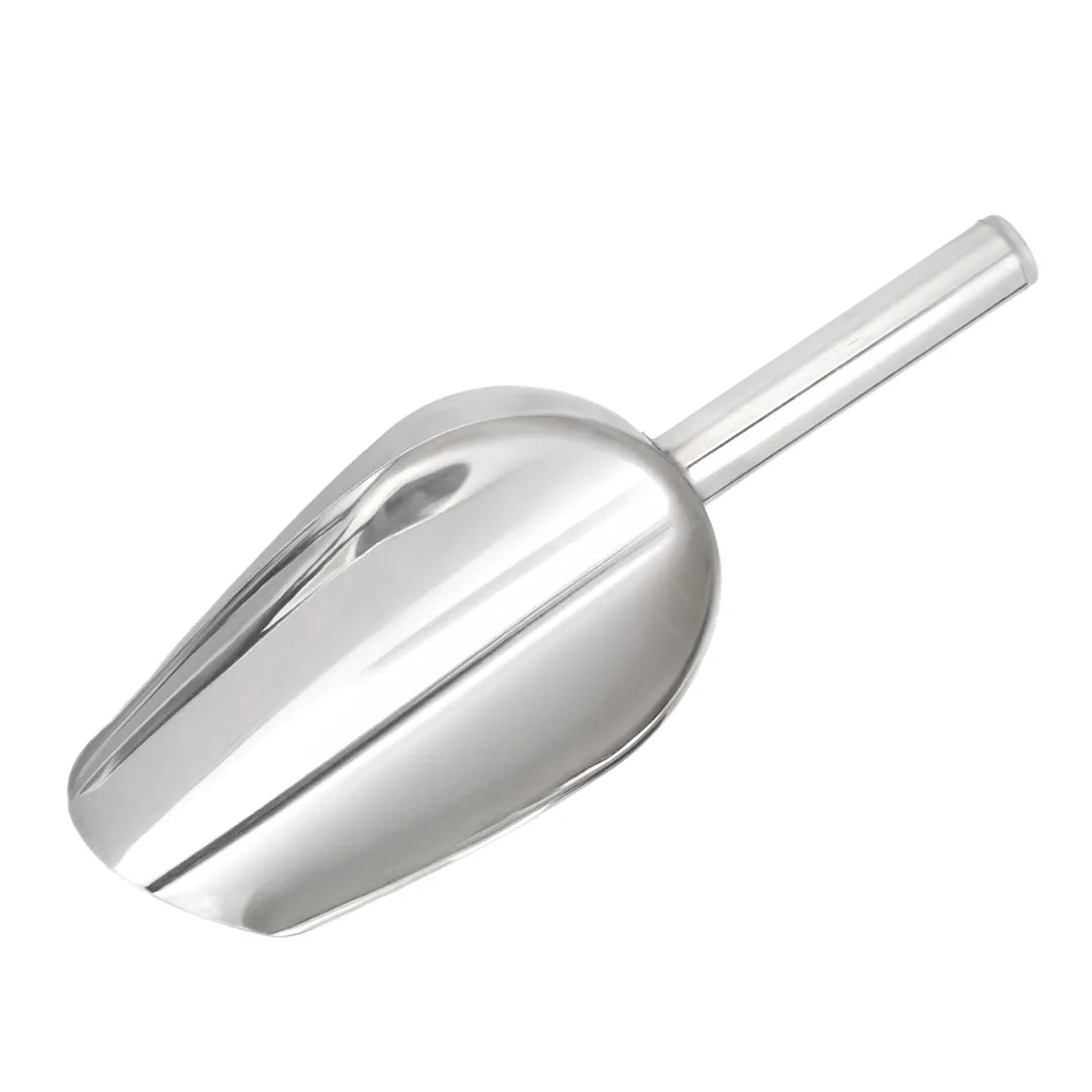 Top view of the back of a stainless steel resin scoop.