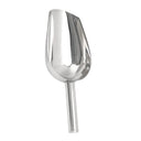 Upright vertical view of a polished stainless steel resin scoop.