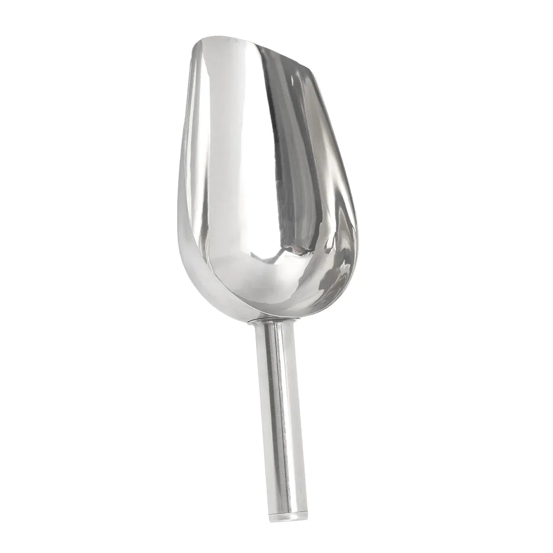Upright vertical view of a polished stainless steel resin scoop.