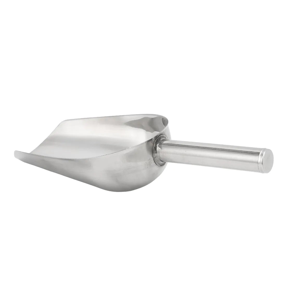 Side profile of the stainless steel resin utility scoop.