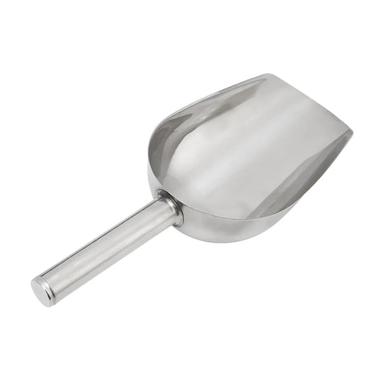Top-down angled view of a polished stainless steel resin scoop with a cylindrical handle.