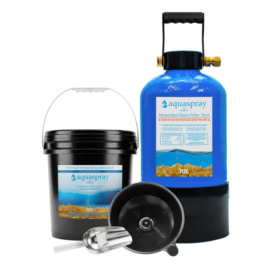 Blue Aquaspray 10L Mixed Bed Resin Filter Tank and Resin Bucket in Black – Includes a funnel and metal scoop.