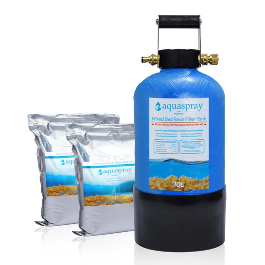 Main product image of the 10L Deionizing Resin Tank with two bags of Mixed Bed Resin refill.