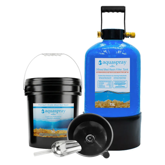 Aquaspray 15L Mixed Bed Resin Filter Tank in Blue and a Black Resin Bucket with a funnel and metal scoop.