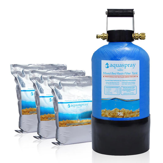 Main product image of the 15L Deionizing Resin Tank with three Mixed Bed Resin refill bags.