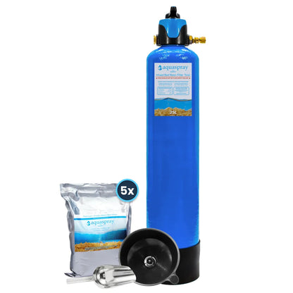 Aquaspray 25L Mixed Bed Resin Filter Tank and 5x 5L Resin Bags with a funnel and metal scoop accessories.