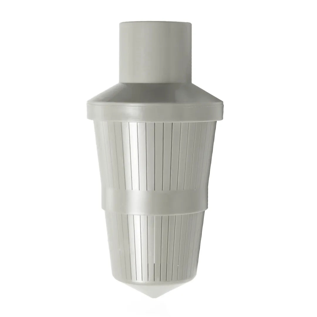 Straight profile view of a grey bottom distributor basket showing vertical filter slots and a downward pointing tip.