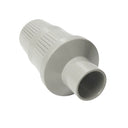 Tilted view of a grey bottom distributor basket highlighting the open cylindrical pipe connector and slotted sides.