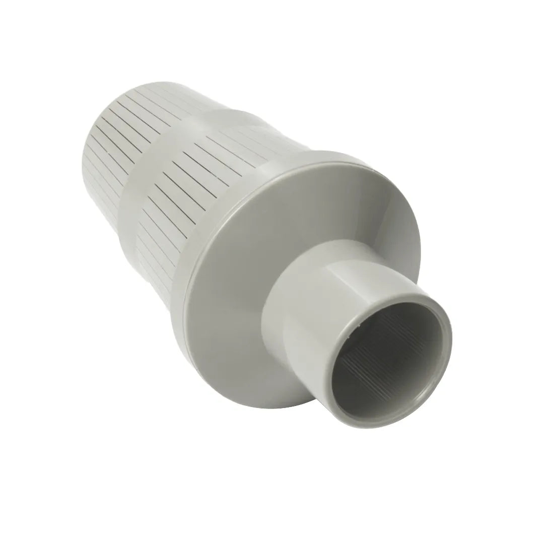 Tilted view of a grey bottom distributor basket highlighting the open cylindrical pipe connector and slotted sides.