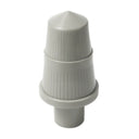Upright angled view of a grey bottom distributor basket showing vertical filter slots and a conical tip.