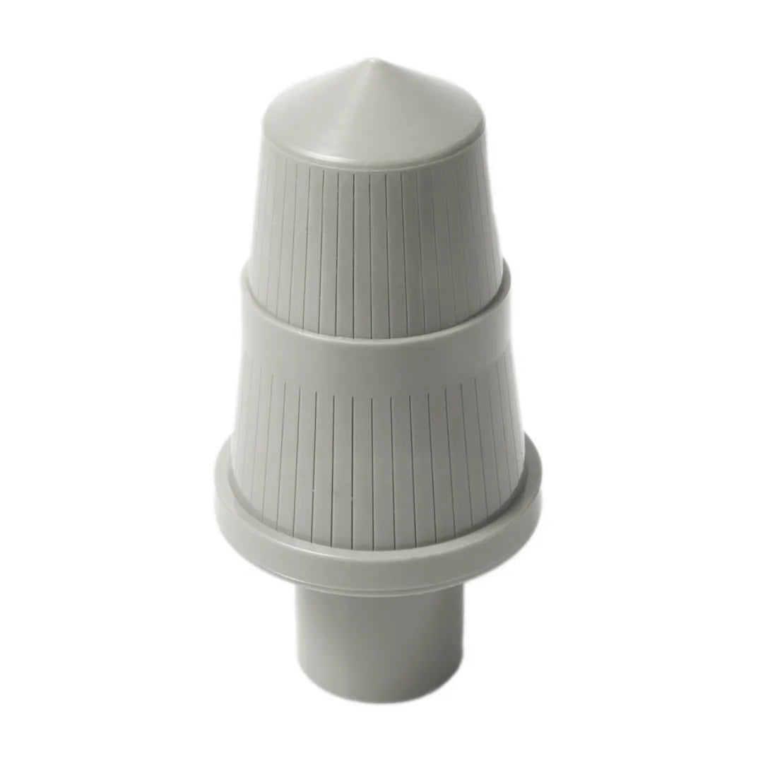 Upright angled view of a grey bottom distributor basket showing vertical filter slots and a conical tip.